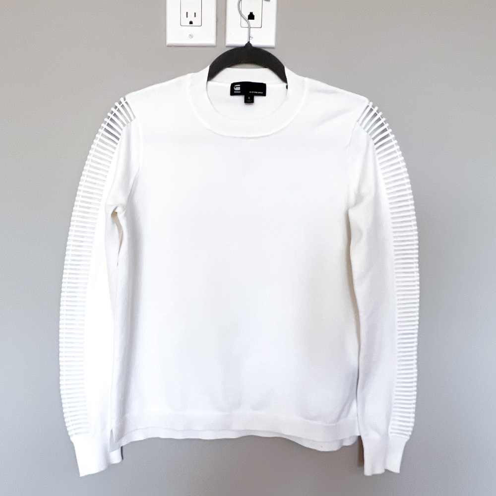 G-Star RAW Guzaki Knitted Top White Ribbed Long Sleeve Crewneck Mesh Size S